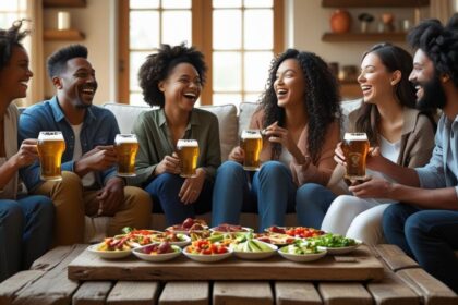 friends in a living room, enjoying beers, food on table ()