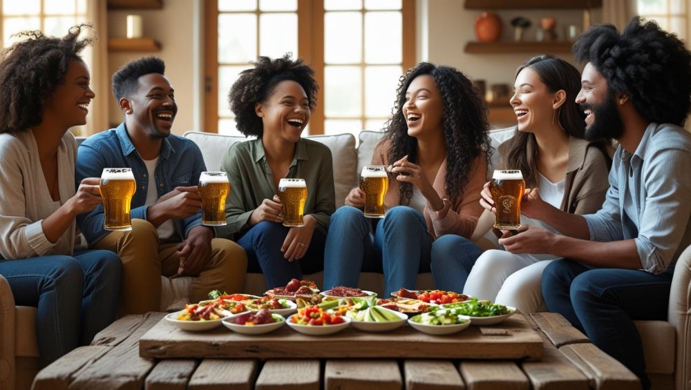 friends in a living room, enjoying beers, food on table ()