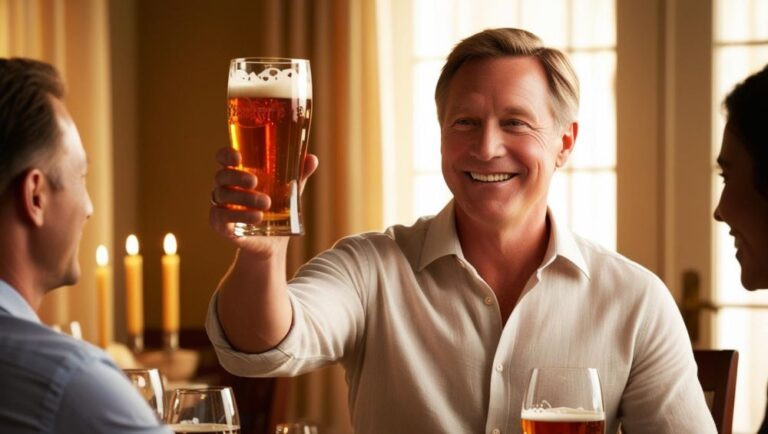 s a dinner host stands holding up a glass of beer to toast friendship ()