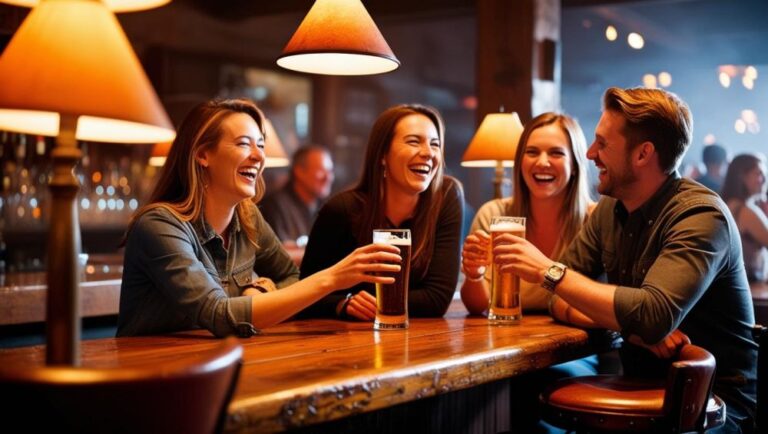 s friends drinking beer in a dark bar