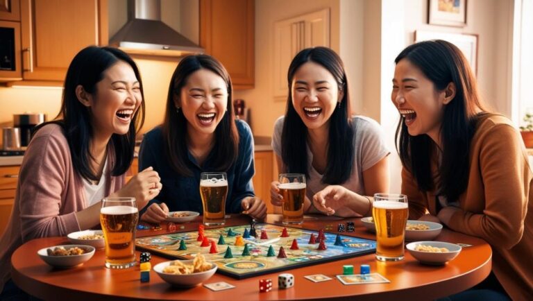 s small group of friends playing a board game ona kitchen table, night time, dice, games pieces, beer, snacks, intent on game play ()