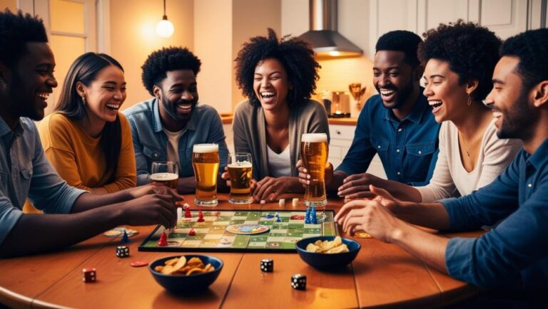 s small group of friends playing a board game ona kitchen table, night time, dice, games pieces, beer, snacks, intent on game play