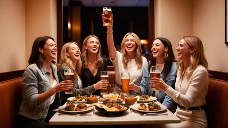 s small group of friends sitting in a booth of a cozy restaurant, enjoying beer and food, one of them raises a glass to toast ()