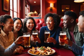 small group of friends sitting in a booth of a cozy restaurant, enjoying beer and food ()