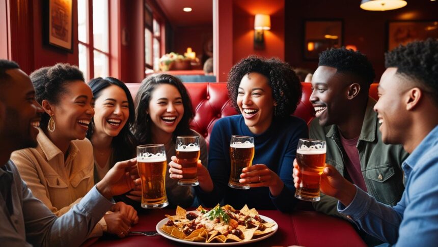 small group of friends sitting in a booth of a cozy restaurant, enjoying beer and food ()