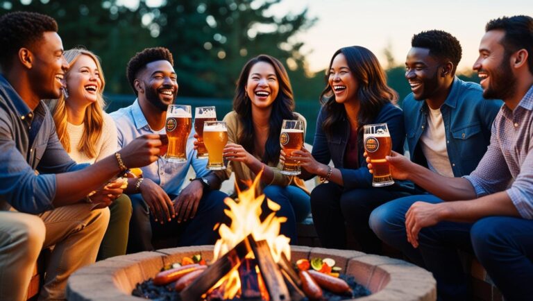 small group of friends sitting outdoors around a firepit enjoying beer and food ()