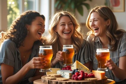 friends in a living room, enjoying beers, food on table ()