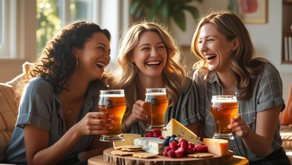 friends in a living room, enjoying beers, food on table ()