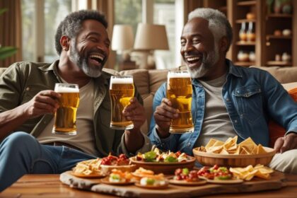 friends in a living room, enjoying beers, food on table ()