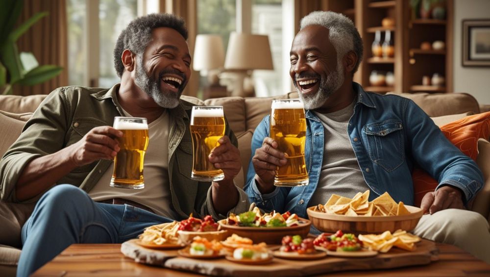friends in a living room, enjoying beers, food on table ()