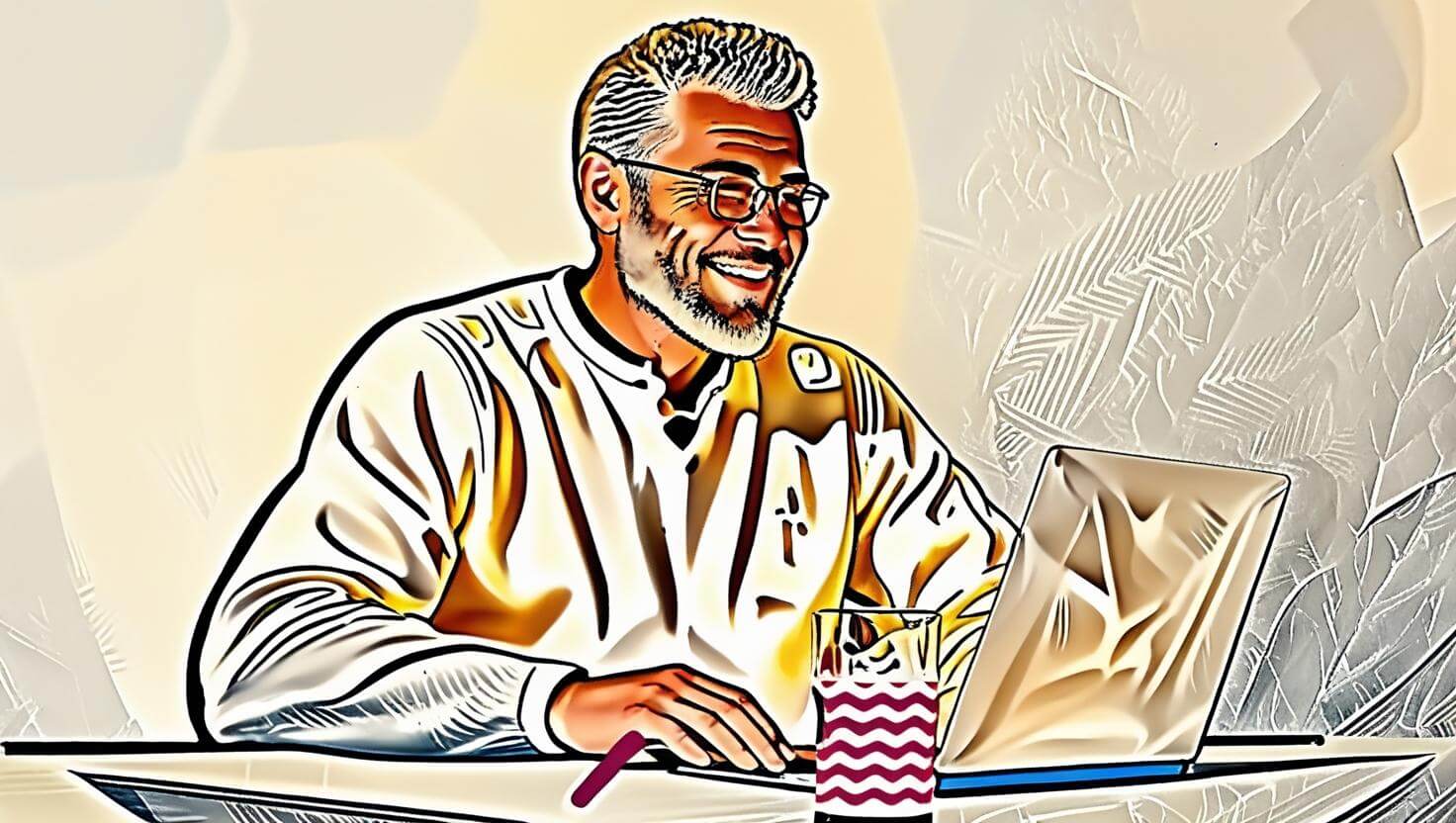 A happy Mature man working on a computer with a beer at his desk () ()