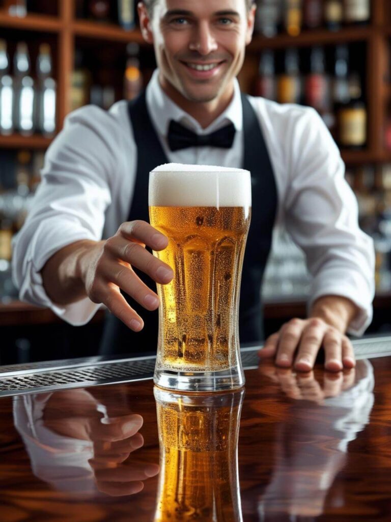 Lady bartender sliding a cold beer on the bar in front of you with a welcoming smaile ()