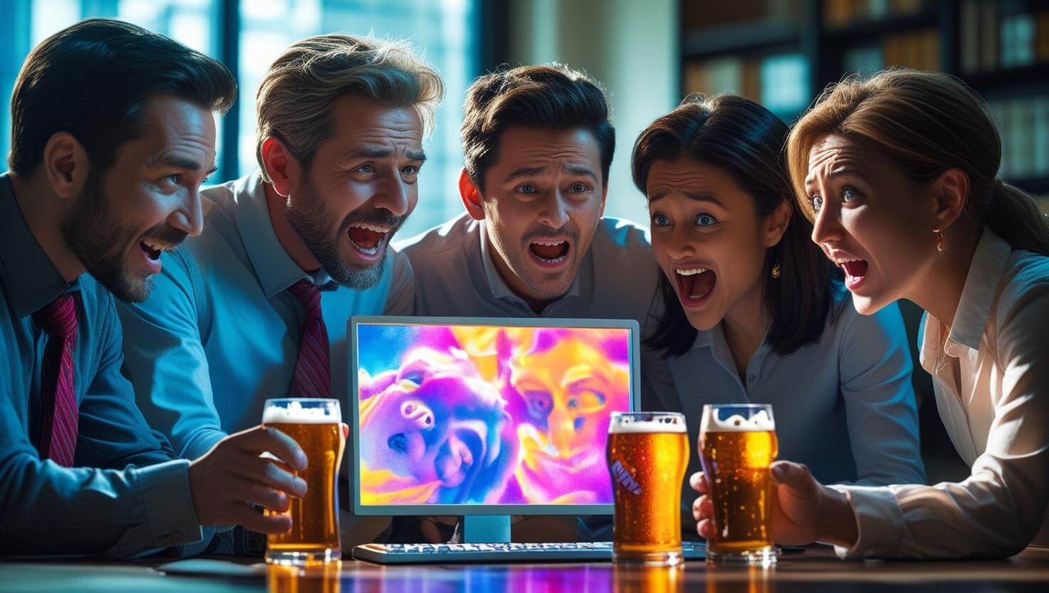 a small group of office workers with beers huddled around one computer with different exaggerated emotional faces glowing from the computer screen ()