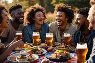 b a bunch of friends enjoying each others company, good food and great beer ()
