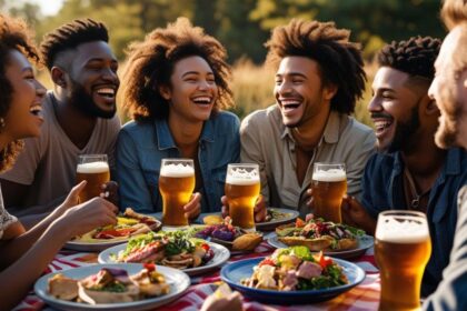 b a bunch of friends enjoying each others company, good food and great beer ()