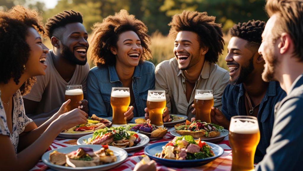b a bunch of friends enjoying each others company, good food and great beer ()