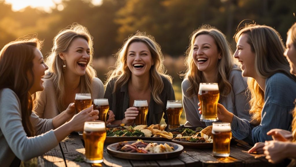 b a bunch of friends enjoying each others company, good food and great beer ()