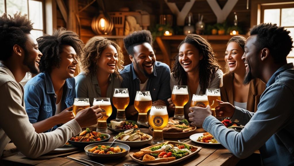 b a bunch of friends enjoying each others company, good food and great beer ()