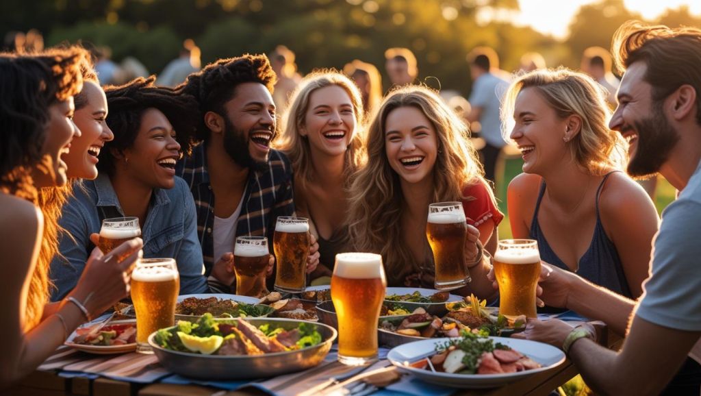 b a bunch of friends enjoying each others company, good food and great beer