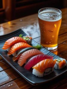 b a restaurant table with a plate of assorted sushi pieces and a glass of beer ()