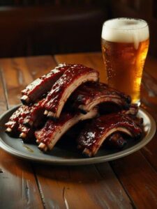 b a restaurant table with a plate of bbq ribs and a glass of beer ()
