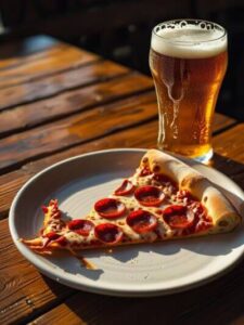 b a restaurant table with a slice of pizza on a plate and a glass of beer ()