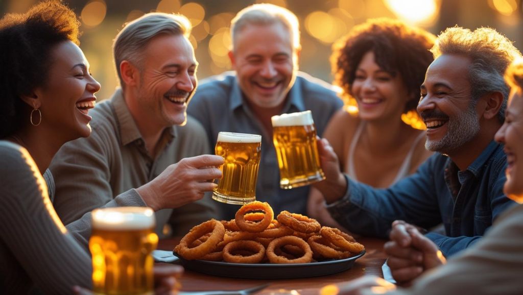 b a small group of adult friends enjoying each others company, Beer Battered Onion Rings and great beer ()