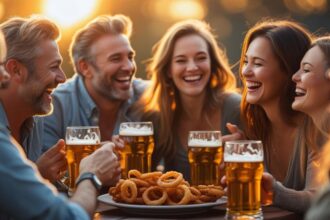 b a small group of adult friends enjoying each others company, Beer Battered Onion Rings and great beer