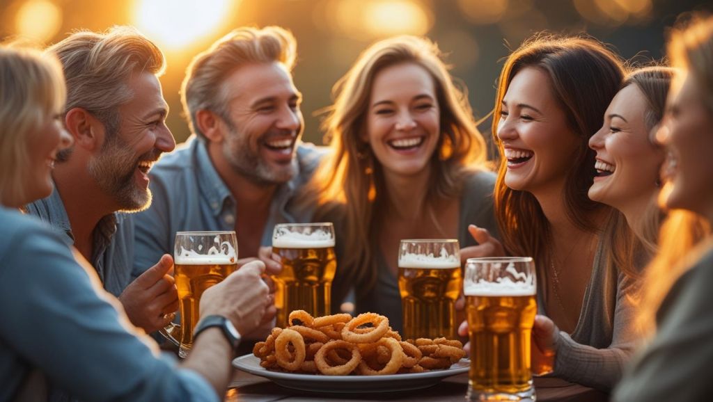 b a small group of adult friends enjoying each others company, Beer Battered Onion Rings and great beer