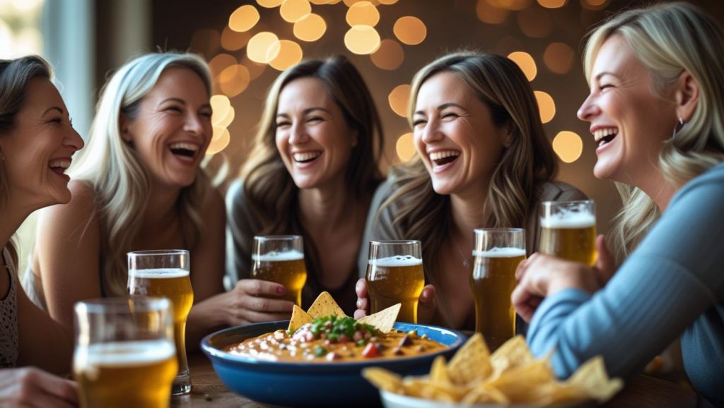 b a small group of adult friends enjoying each others company, Beer Queso Dip (with tortilla chips) and great beer ()