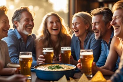 b a small group of adult friends enjoying each others company, Beer Queso Dip (with tortilla chips) and great beer