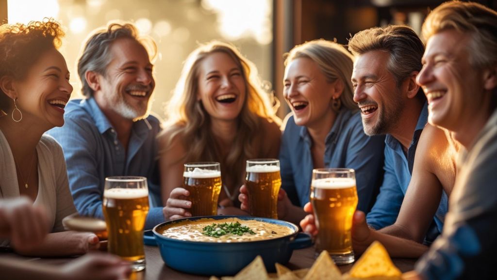 b a small group of adult friends enjoying each others company, Beer Queso Dip (with tortilla chips) and great beer