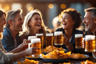 b a small group of adult friends enjoying each others company, Cheese Nachos and great beer