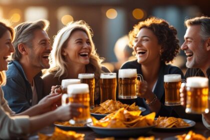 b a small group of adult friends enjoying each others company, Cheese Nachos and great beer