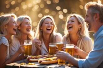b a small group of adult friends enjoying each others company, Hot Dogs with Sauerkraut and great beer ()