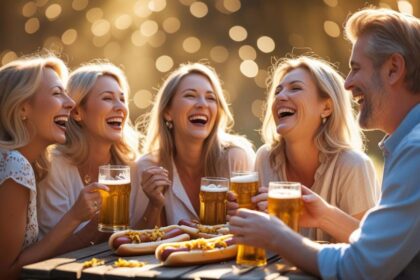 b a small group of adult friends enjoying each others company, Hot Dogs with Sauerkraut and great beer ()