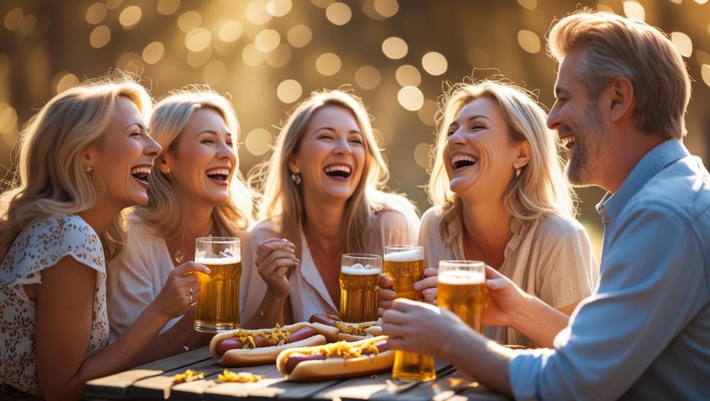 b a small group of adult friends enjoying each others company, Hot Dogs with Sauerkraut and great beer ()