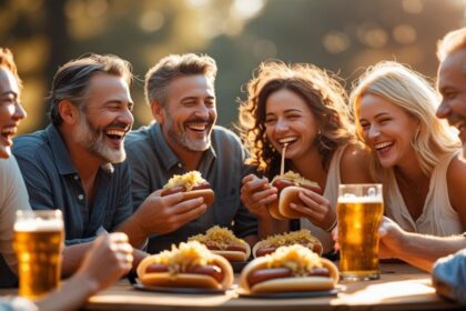 b a small group of adult friends enjoying each others company, Hot Dogs with Sauerkraut and great beer