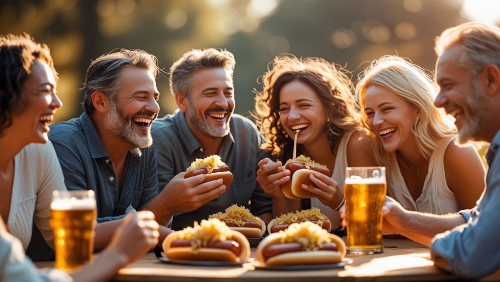 b a small group of adult friends enjoying each others company, Hot Dogs with Sauerkraut and great beer
