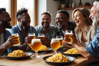 b a small group of adult friends enjoying each others company, Mac & Cheese and great beer