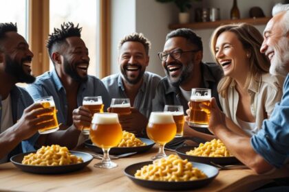 b a small group of adult friends enjoying each others company, Mac & Cheese and great beer