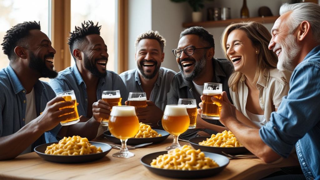 b a small group of adult friends enjoying each others company, Mac & Cheese and great beer