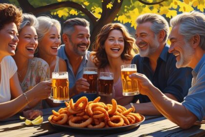 b a small group of adult friends enjoying each others company, good Beer Battered Calamari and great beer