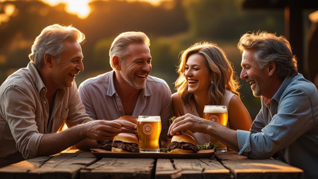 b a small group of mature friends enjoying each others company, good Beef Sliders and great beer ()