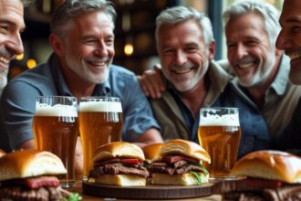 b a small group of mature friends enjoying each others company, good Beef Sliders and great beer