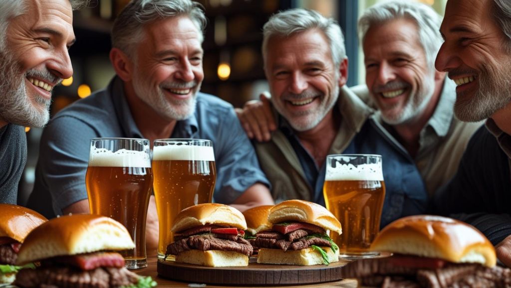 b a small group of mature friends enjoying each others company, good Beef Sliders and great beer