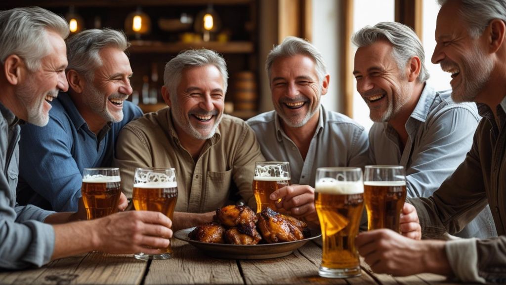 b a small group of mature friends enjoying each others company, good Beer Braised Chicken Thighs and great beer ()