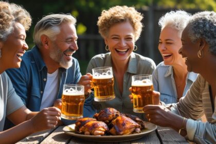 b a small group of mature friends enjoying each others company, good Beer Braised Chicken Thighs and great beer