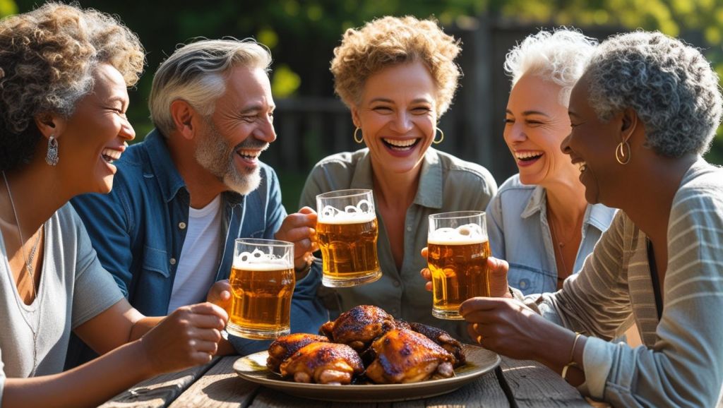 b a small group of mature friends enjoying each others company, good Beer Braised Chicken Thighs and great beer
