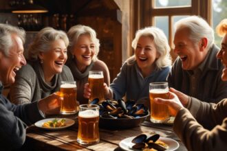 b a small group of mature friends enjoying each others company, good Beer Steamed Mussels and great beer